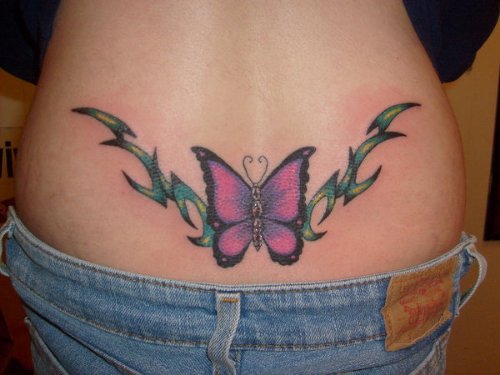 Color Lower Back Tribal And Butterfly